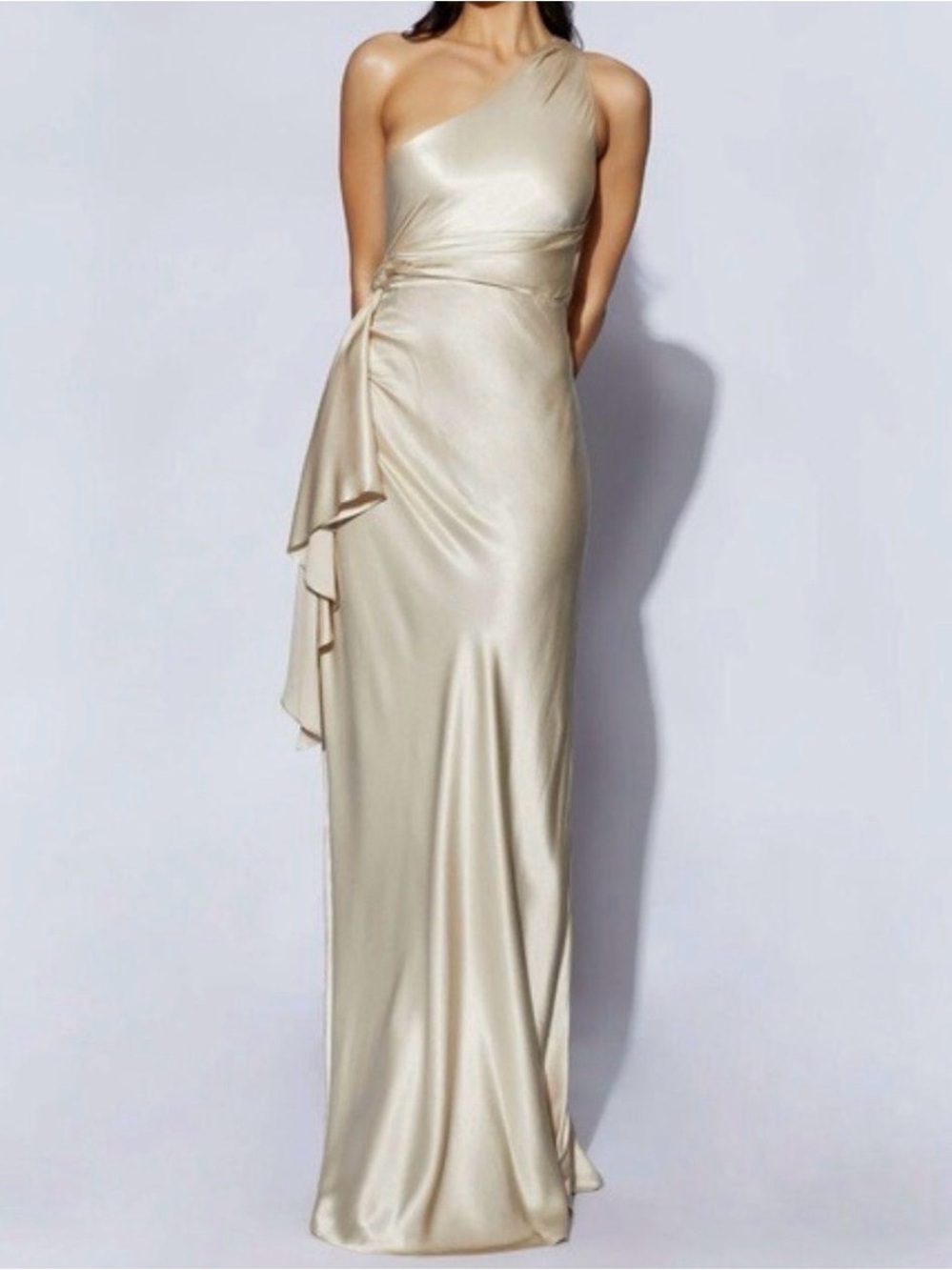 Meshki One-Shoulder Satin Gown in Champagne Gold